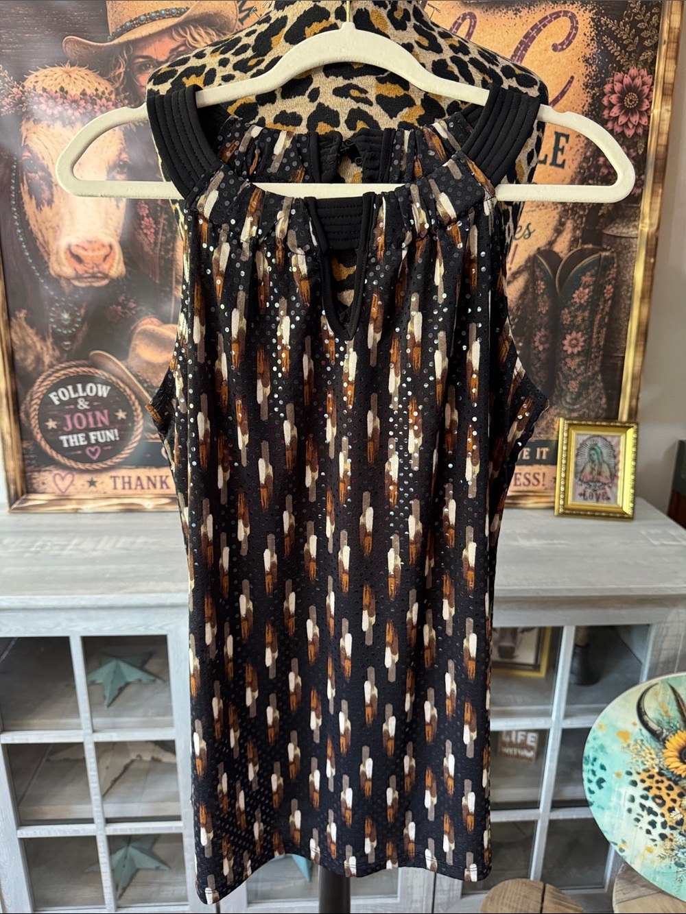 New Direction Black & Brown Patterned Top Sz Lg